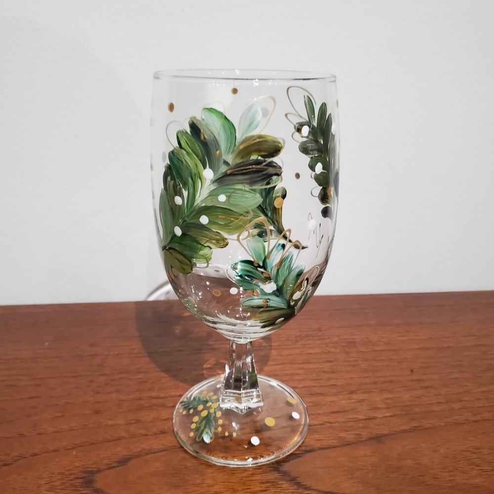 hand painted wine glass pine branch leaves green gold winter holidays handmade - Picture 2 of 4